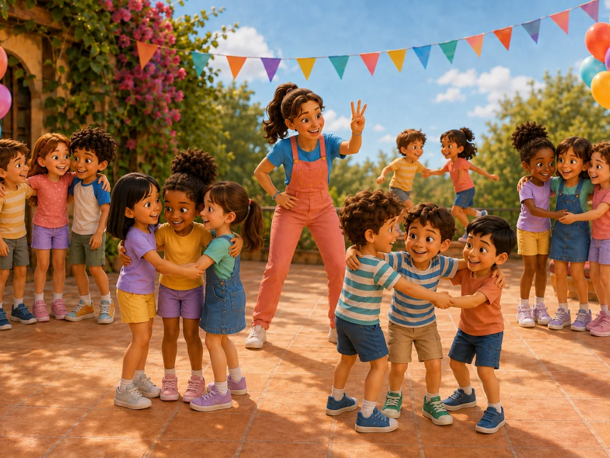 Niños participando en una actividad grupal con una animadora de Bravia